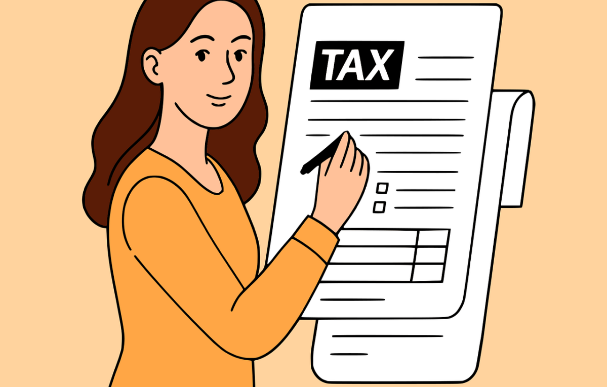 taxes, tax form, invoice, document, paperwork, filing, preparation, accounting, finance, woman, writing, pen, cartoon, female, calculation, work, responsibility, deadline, receipt, form, financial, data