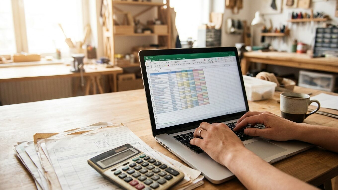 Selbstständiger am Schreibtisch mit Rechnungen und Laptop