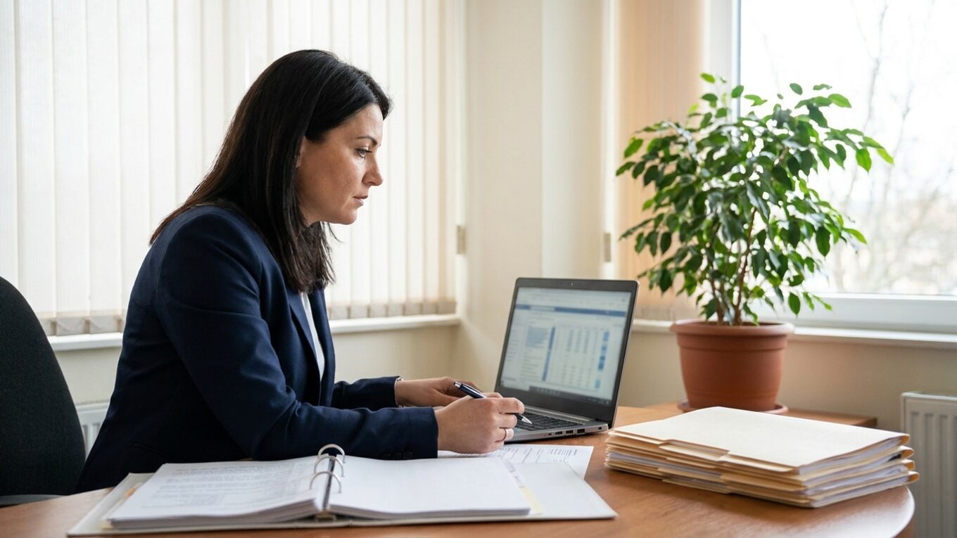 Unternehmerin prüft Firmenunterlagen und Kennzahlen am Schreibtisch