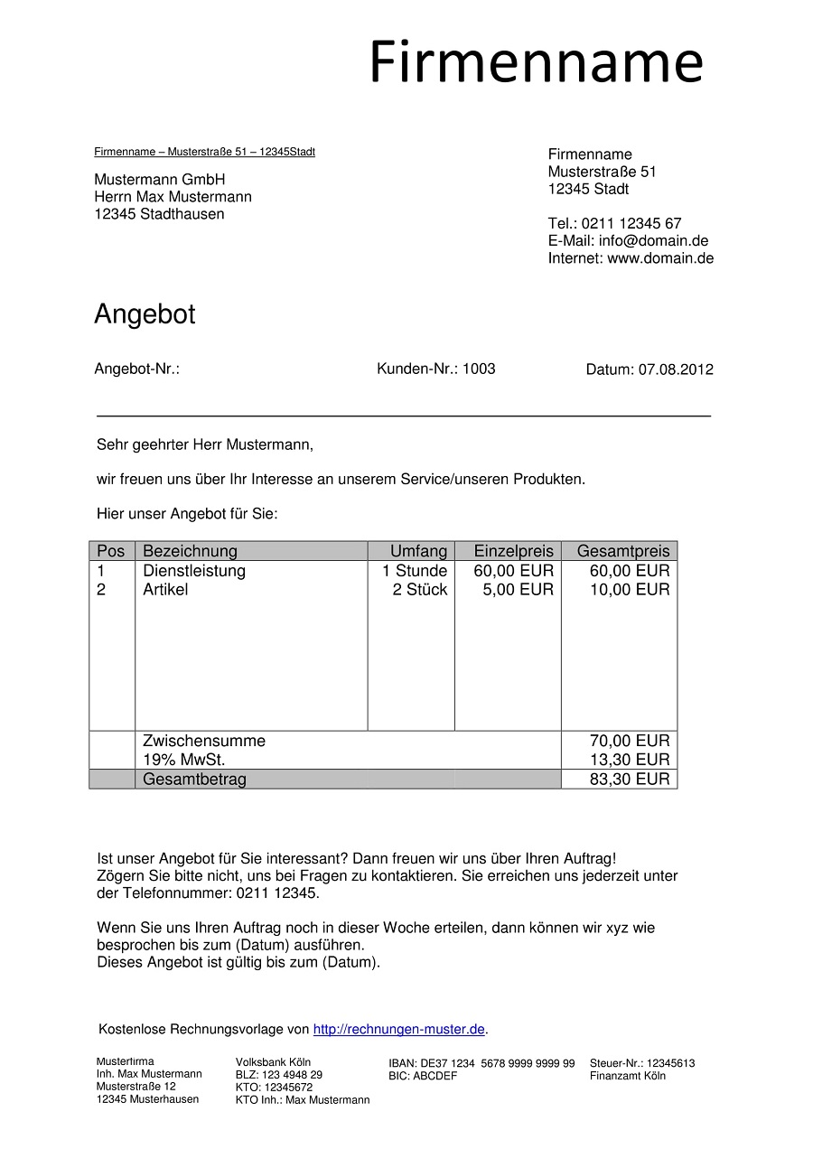 Musterbrief Angebot Vorlagen Und Anleitungen CDKE