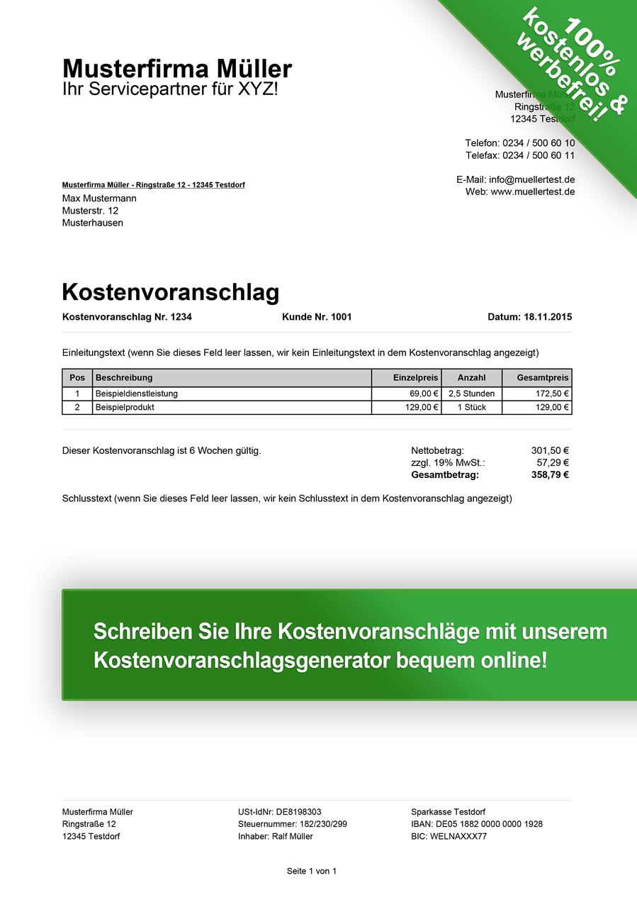 Kostenvoranschlag Vorlagen Kostenlos Downloaden