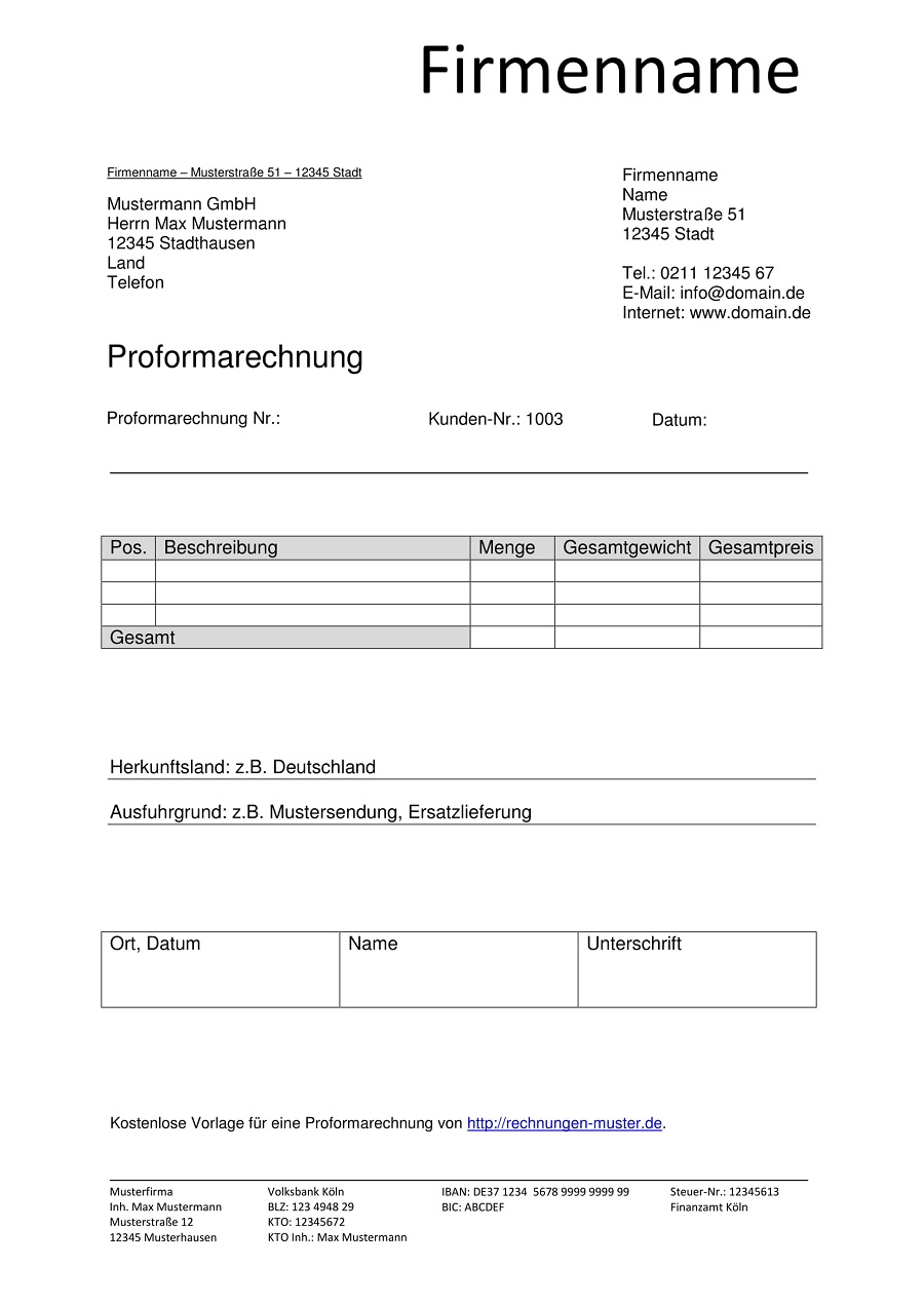 Proforma Rechnung Vorlagen Muster Proformarechnung